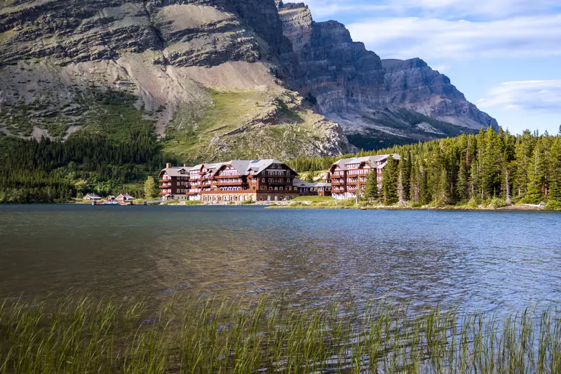 Many Glacier Hotel lodge with mountain views and lakeside scenery in Glacier National Park