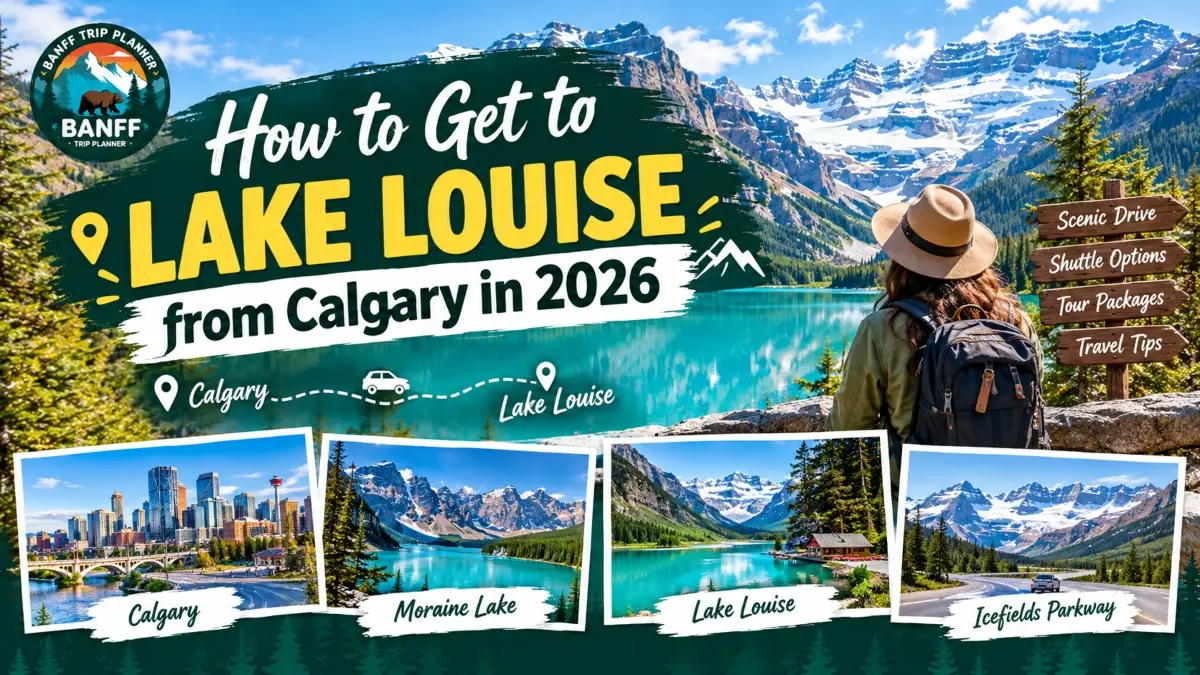 How to get to Lake Louise from Calgary in 2026 travel guide cover featuring Banff National Park and shuttle options