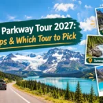 Icefields Parkway Tour 2027 guide banner showing scenic Canadian Rockies road drive with photo callouts for Athabasca Glacier, Sunwapta Falls, and Peyto Lake
