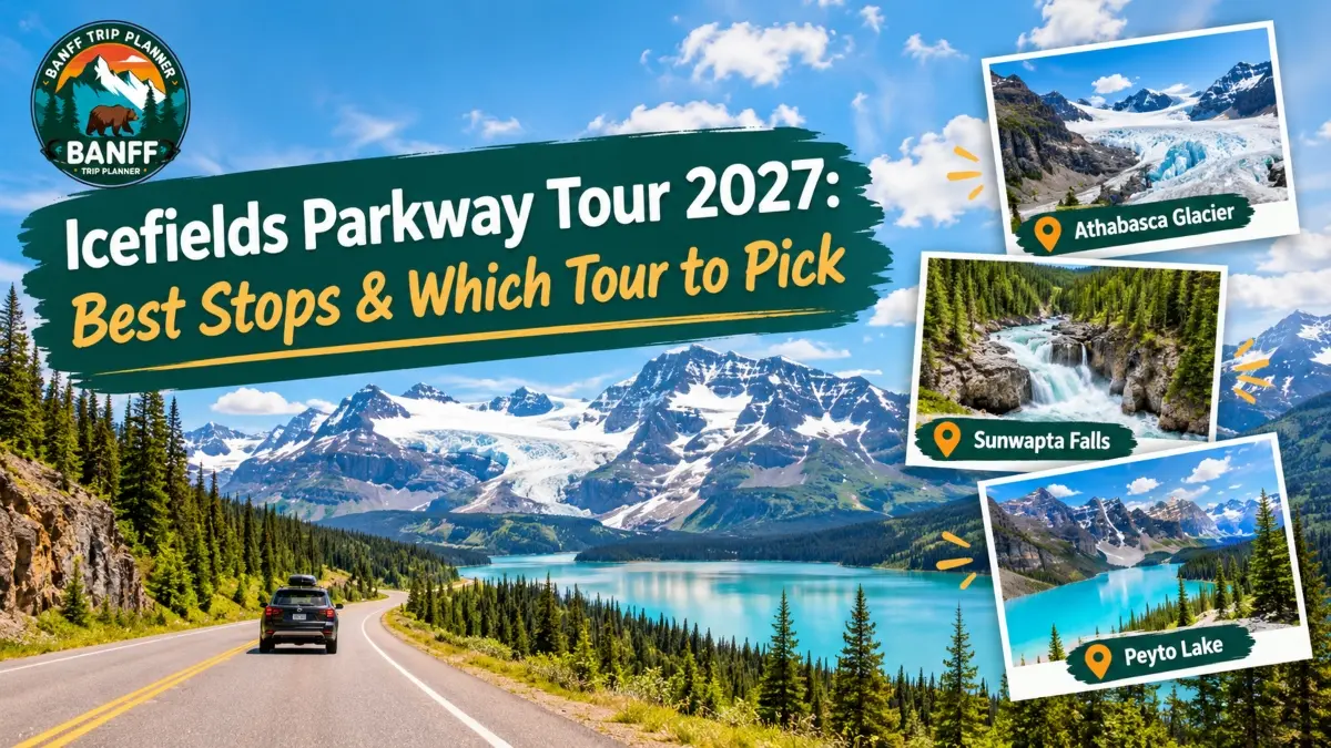 Icefields Parkway Tour 2027 guide banner showing scenic Canadian Rockies road drive with photo callouts for Athabasca Glacier, Sunwapta Falls, and Peyto Lake
