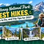 Hiker overlooking an alpine lake and snowy peaks with smaller photo inserts of Wapta Lake, Paint Pots Trail, Stanley Glacier Trail, and Kootenay Valley for a Kootenay National Park guide