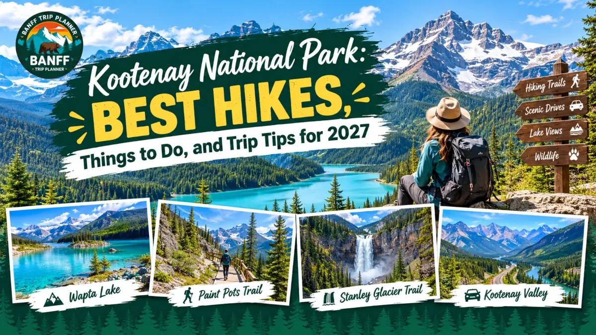 Hiker overlooking an alpine lake and snowy peaks with smaller photo inserts of Wapta Lake, Paint Pots Trail, Stanley Glacier Trail, and Kootenay Valley for a Kootenay National Park guide