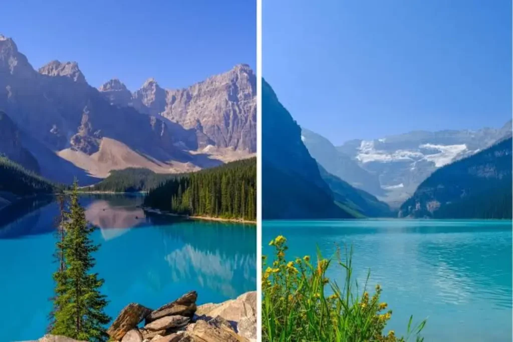 Side-by-side view of Moraine Lake with the Valley of the Ten Peaks and Lake Louise with Victoria Glacier in Banff National Park