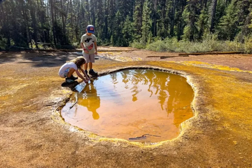 Two kids looking at an ochre spring pool in see the paint pots kootenay national park